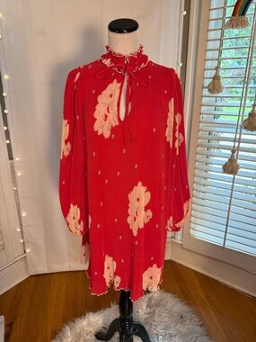 GANNI Sz M Red Pleated Floral Mini Dress Ruffle Neck Tie Keyhole Long Sleeve